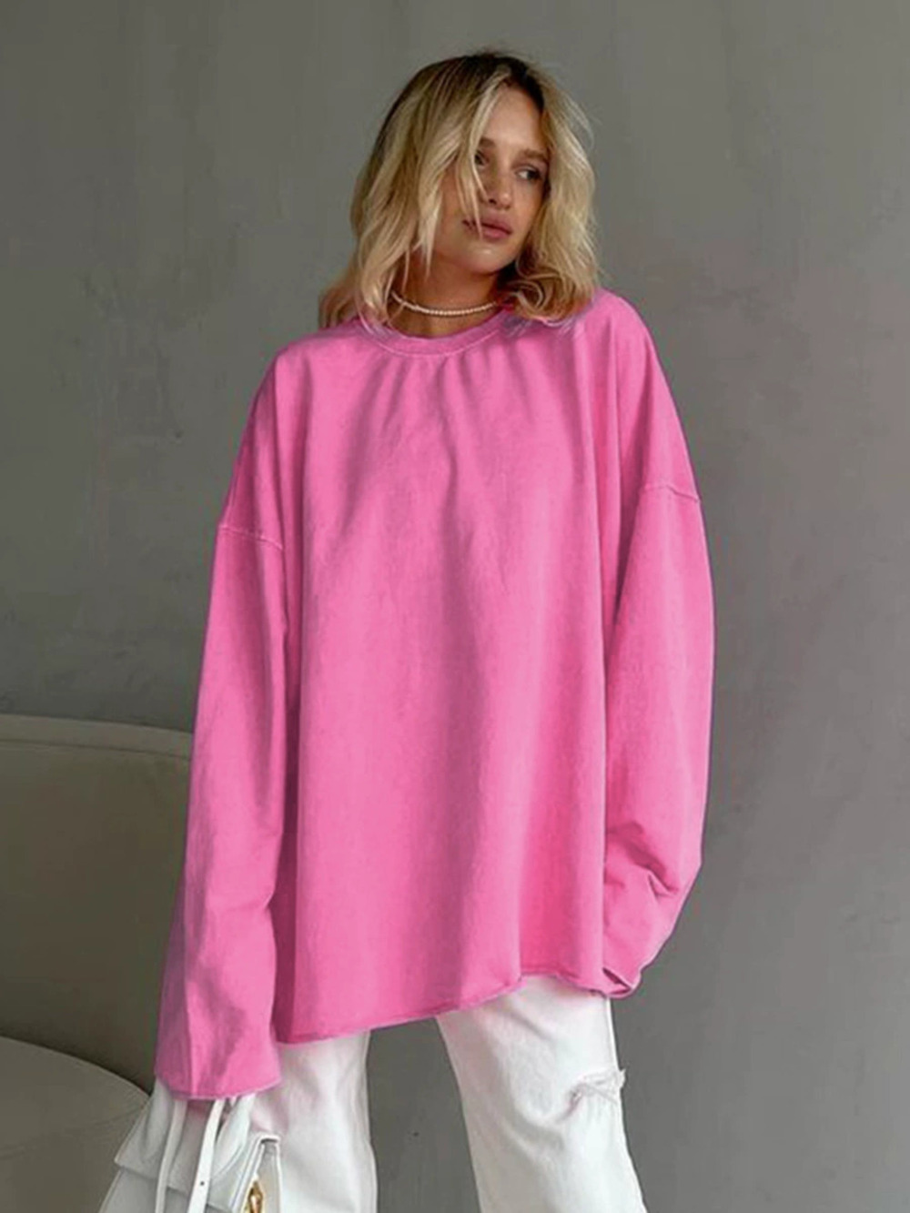Forever 21 Fall Pink Long Sleeve Crew Neck Cotton Oversized Tee